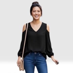 Chicos Cold Shoulder Black Thin Material Blouse Hidden Buttons Size Medium